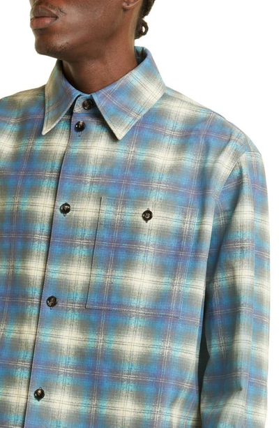 Shop Bottega Veneta Plaid Flannel Print Leather Shirt Jacket In 4116 Multi Light Blue