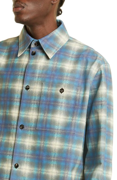 Bottega Veneta Tartan-patterned Leather Shirt-jacket In 4116 Multi Light Blue