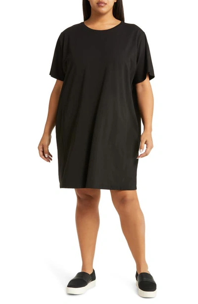Shop Eileen Fisher Dolman Sleeve Organic Pima Cotton Blend T-shirt Dress In Black