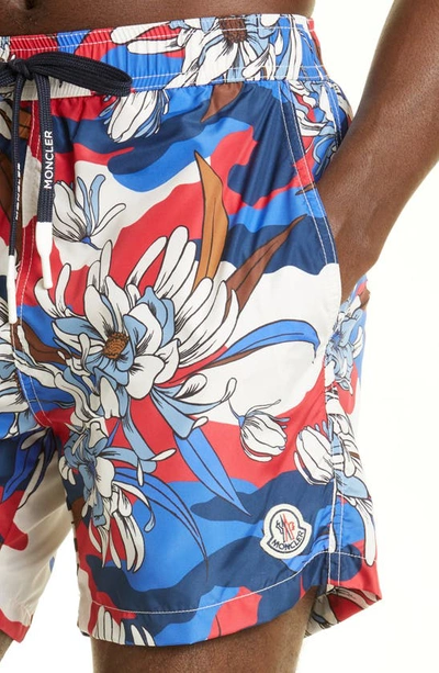 Shop Moncler Floral Camo Print Swim Trunks In Red White Blue Floral