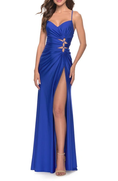 Shop La Femme Lace-up Side Slit Gown In Royal Blue