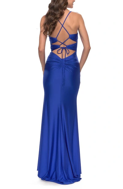 Shop La Femme Lace-up Side Slit Gown In Royal Blue