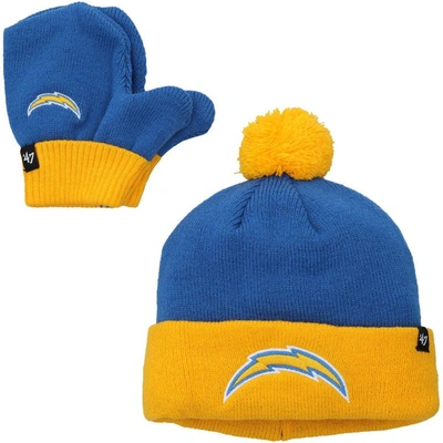 Shop 47 Toddler '  Powder Blue/gold Los Angeles Chargers Bam Bam Cuffed Knit Hat With Pom & Mittens Set
