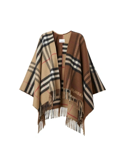 Shop Burberry Contrast Check Fringed Cape In Nude & Neutrals