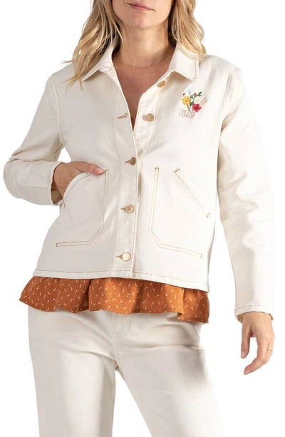 Shop Cache Coeur Romy Floral Embroidered Maternity/nursing Denim Jacket In Beige