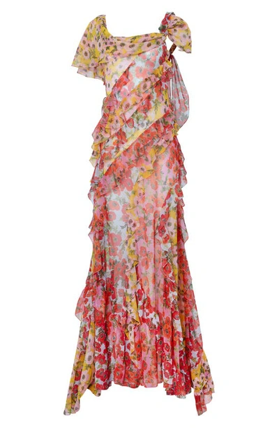Shop Carolina Herrera Anemone Print Single Cold Shoulder Silk Chiffon Gown In Pink Multi-color