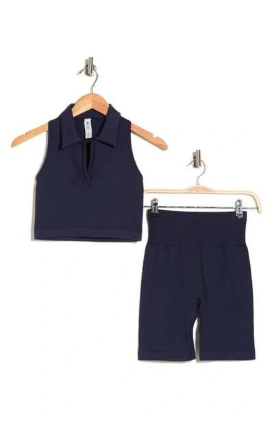 Shop 90 Degree By Reflex Seamless Baseline Sleeveless Polo & Biker Shorts Set In Peacoat