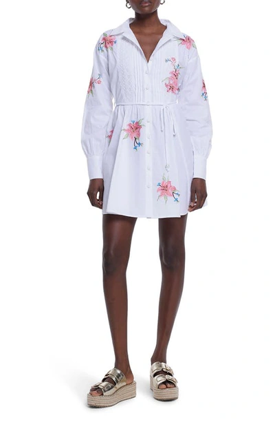 Shop River Island Craft Floral Embroidered Long Sleeve Belted Shirtdress In White