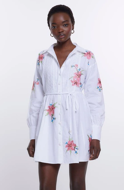 Shop River Island Craft Floral Embroidered Long Sleeve Belted Shirtdress In White