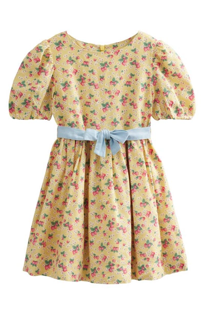 Shop Mini Boden Kids' Retro Print Puff Sleeve Linen & Cotton Dress In Buttercup Strawberry Ditsy