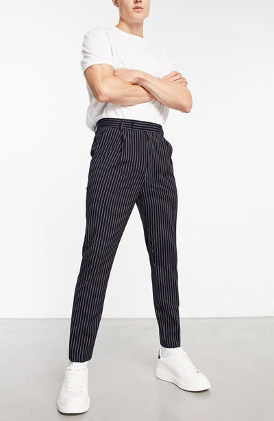 Shop Asos Design Stripe Skinny Smart Trousers In Navy