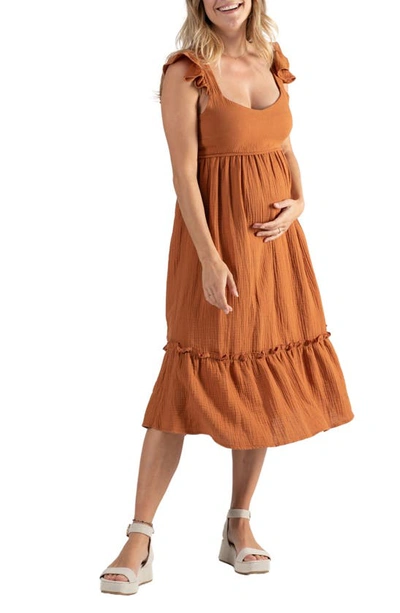 Shop Cache Coeur Melody Organic Cotton Gauze Maternity/nursing Midi Dress In Caramel