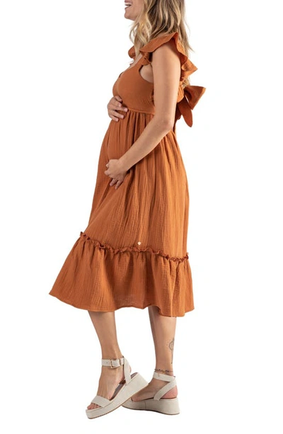Cache Coeur Melody Organic Cotton Gauze Maternity/nursing Midi Dress In Caramel