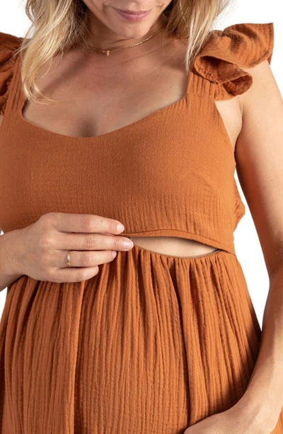 Cache Coeur Melody Organic Cotton Gauze Maternity/nursing Midi Dress In Caramel