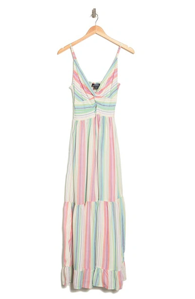 Shop Angie Stripe Peekaboo Tiered Maxi Dress In Ivory-multi