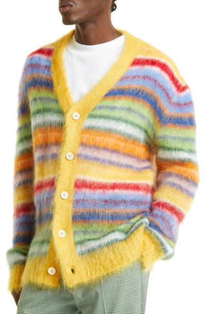 Shop Marni Stripe V-neck Mohair & Wool Blend Cardigan In Yellow Multicolor