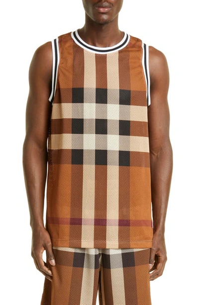 Shop Burberry Check Print Mesh Basketball Jersey In Dark Birch Brown