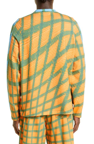 Shop Bianca Saunders Carnell Warped Grid Long Sleeve T-shirt In Blue/ Orange /green Grid Print