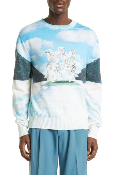Shop Amiri Runway Print Cashmere Crewneck Sweater In Blue/ Ivory Multi