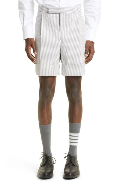 Shop Thom Browne Cotton Seersucker Shorts In Medium Grey