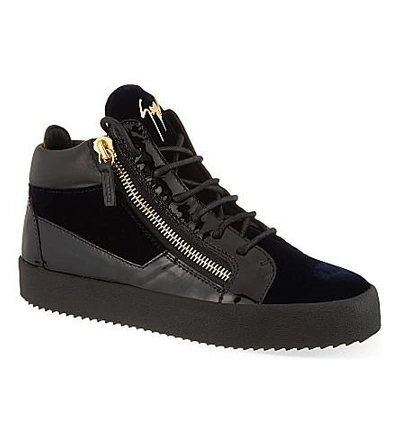 Shop Giuseppe Zanotti Velvet Mid-top Trainers In Navy