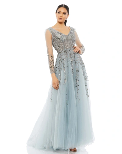 Shop Mac Duggal Embellished V Neck Long Sleeve A Line Gown In Platinum