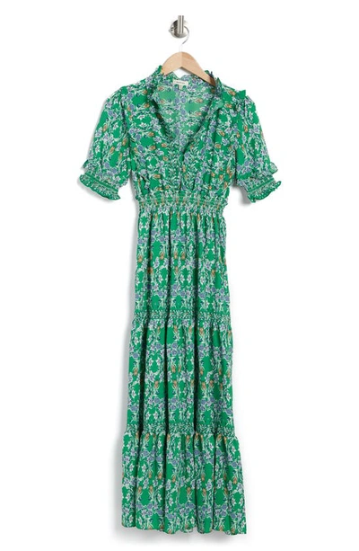 Shop Max Studio Ruffle Collar Print Tiered Maxi Dress In Green Large Feather Frond