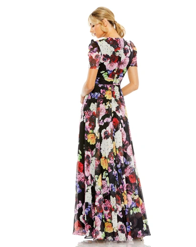 Ieena For Mac Duggal Floral Print Mesh Cap Sleeve Gown In Black Multi
