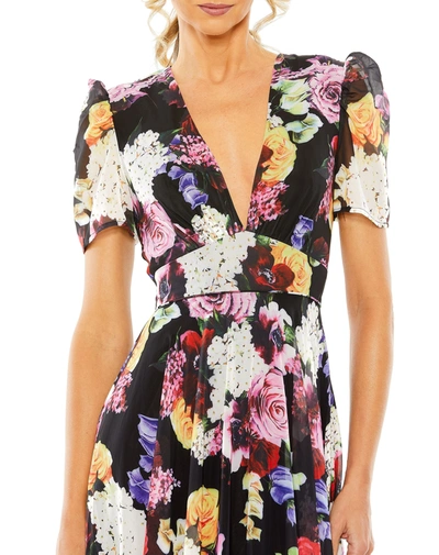 Ieena For Mac Duggal Floral Print Mesh Cap Sleeve Gown In Black Multi