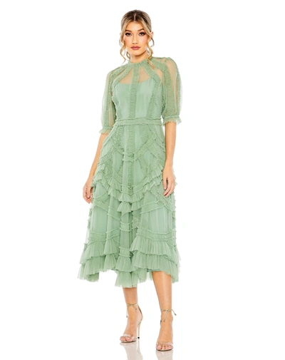 Shop Mac Duggal High Neck Puff Sleeve Ruffle Tiered Dress In Jade