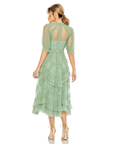 Shop Mac Duggal High Neck Puff Sleeve Ruffle Tiered Dress In Jade