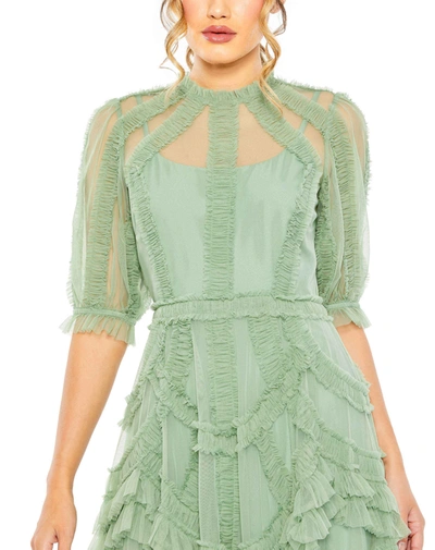 Shop Mac Duggal High Neck Puff Sleeve Ruffle Tiered Dress In Jade