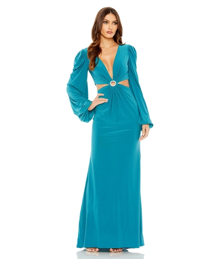 Shop Ieena For Mac Duggal Jersey Puff Sleeve Cut Out Column Gown In Ocean Blue