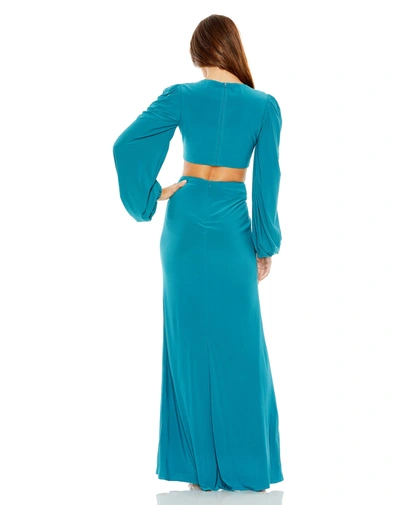 Shop Ieena For Mac Duggal Jersey Puff Sleeve Cut Out Column Gown - Final Sale In Ocean Blue
