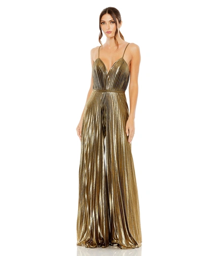 Mac Duggal Pleated V-neck Jumpsuit In Antique Gold