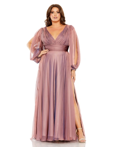 Shop Mac Duggal Puff Sleeve W/ Embellished Cuff V Neck A Line Gown In Antique Rose