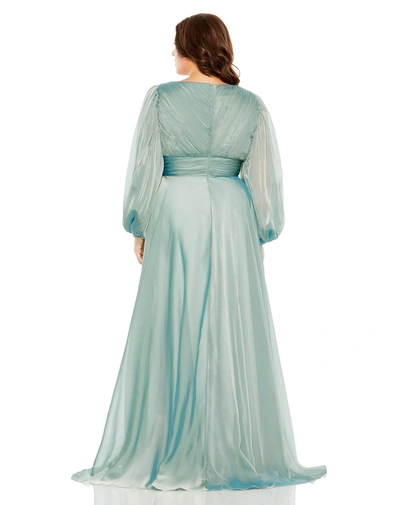 Shop Mac Duggal Puff Sleeve W/ Embellished Cuff V Neck A Line Gown In French Blue