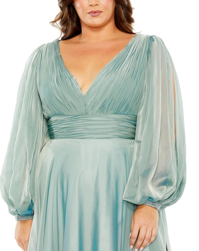 Shop Mac Duggal Puff Sleeve W/ Embellished Cuff V Neck A Line Gown In French Blue