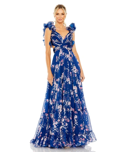 Mac Duggal Ruffle Tiered Floral Cut-out Chiffon Gown In Blue Multi