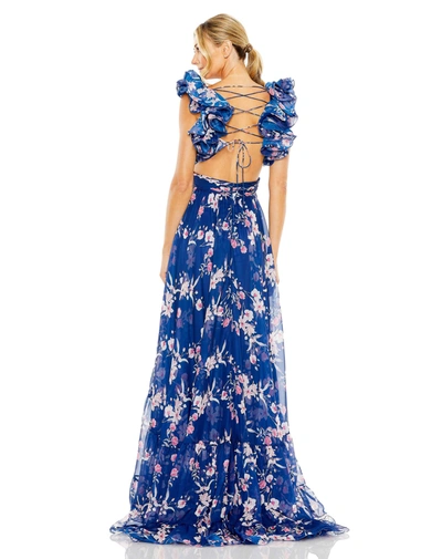 Shop Ieena For Mac Duggal Ruffle Tiered Floral Cut-out Chiffon Gown In Blue Multi