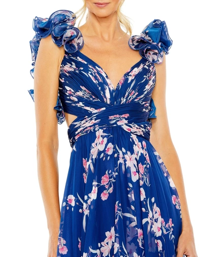 Shop Ieena For Mac Duggal Ruffle Tiered Floral Cut-out Chiffon Gown In Blue Multi