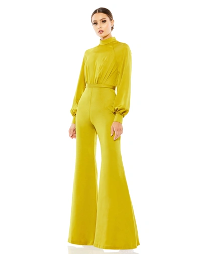 Mac Duggal Satin Raglan Long Sleeve High Neck Jumpsuit In Chartreuse