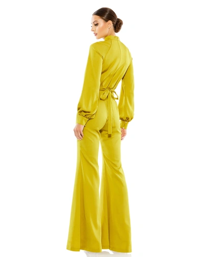 Mac Duggal Satin Raglan Long Sleeve High Neck Jumpsuit In Chartreuse
