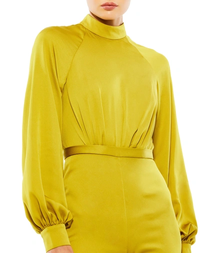 Mac Duggal Satin Raglan Long Sleeve High Neck Jumpsuit In Chartreuse