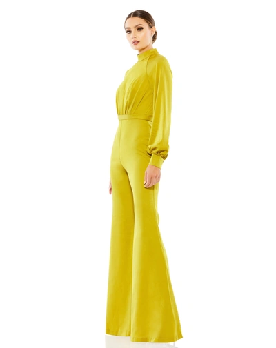 Mac Duggal Satin Raglan Long Sleeve High Neck Jumpsuit In Chartreuse