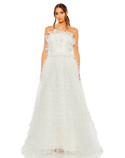 Shop Mac Duggal Strapless Ruffle Gown With Feathers In White