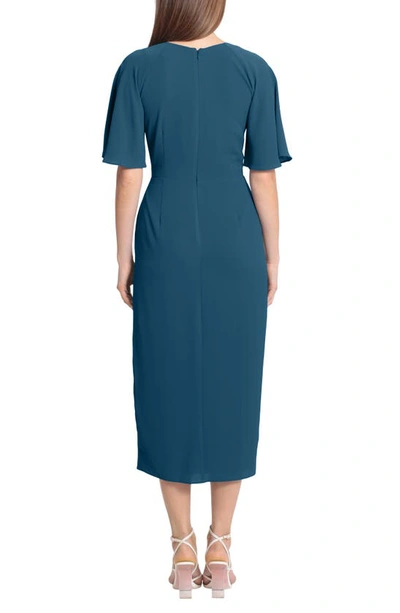 Maggy London Flutter Sleeve Faux Wrap Midi Dress In Deep Lagoon