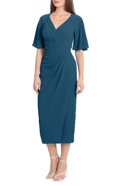 Maggy London Flutter Sleeve Faux Wrap Midi Dress In Deep Lagoon