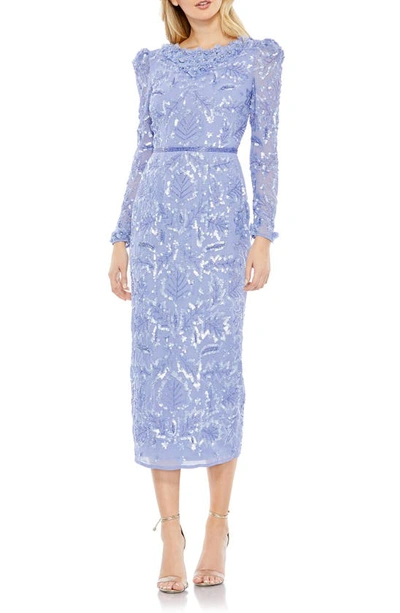 Shop Mac Duggal Ruffle Neck Long Sleeve Sequin Midi Dress In Periwinkle