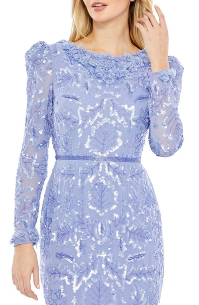 Shop Mac Duggal Ruffle Neck Long Sleeve Sequin Midi Dress In Periwinkle